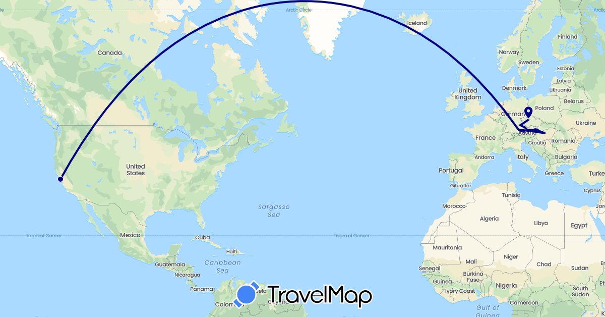 TravelMap itinerary: driving in Austria, Czech Republic, Germany, Hungary, Slovakia, United States (Europe, North America)